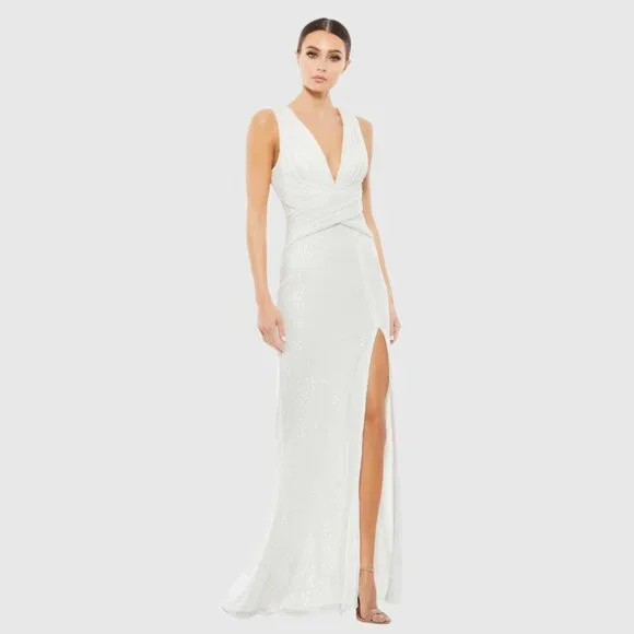 NWT Mac Duggal V-Neck Sequin Wrap Waist Gown White 8 #7667 - Picture 2 of 9